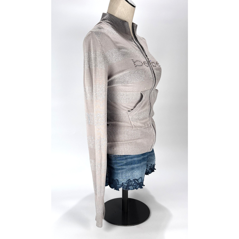 Y2K Bebe LOGO Rhinestone Full Zip Sweater Gray Mock Neck MED Sparkle Jacket - Picture 3 of 7